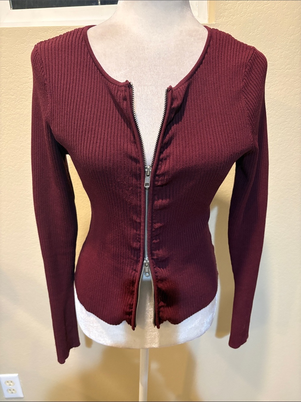Good American Burgundy Ribbed Zip Cardigan-Size L